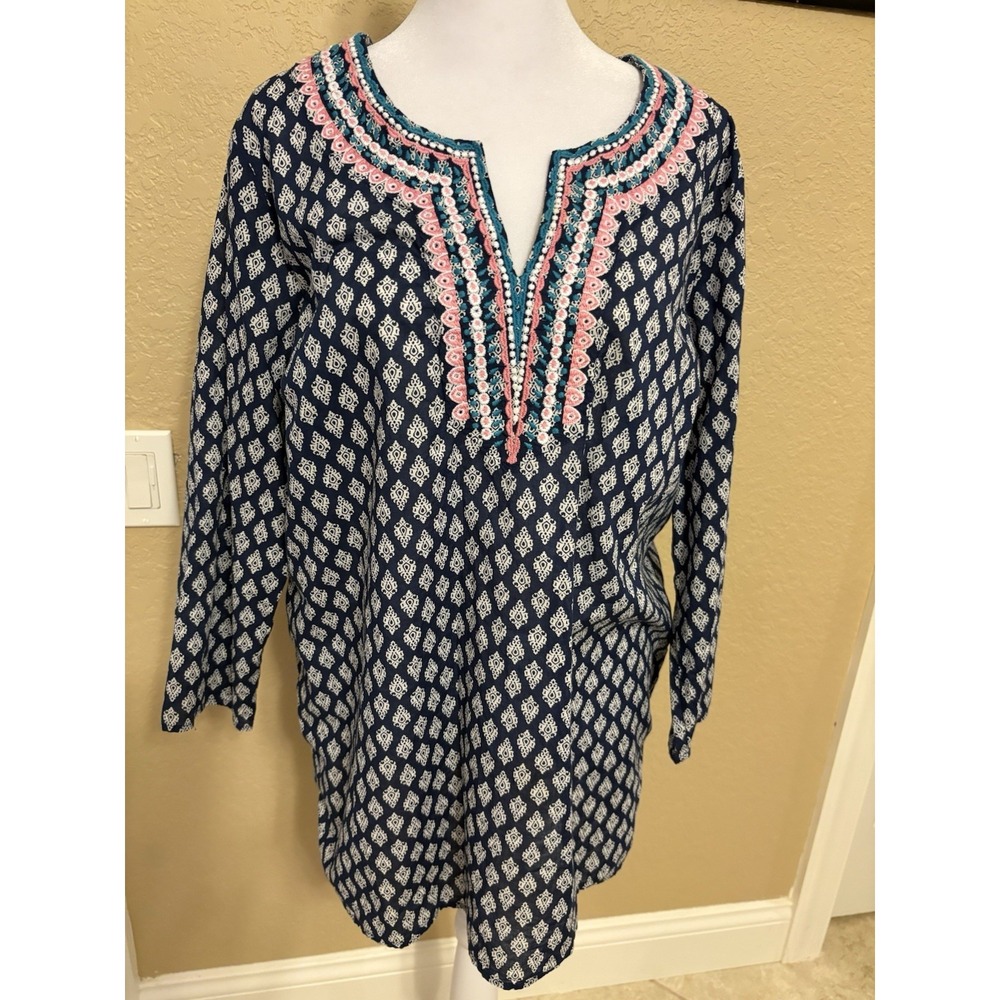 Talbots Embroidered Neck 3/4 Sleeve Navy Blue Printed‎ Tunic Top, Large